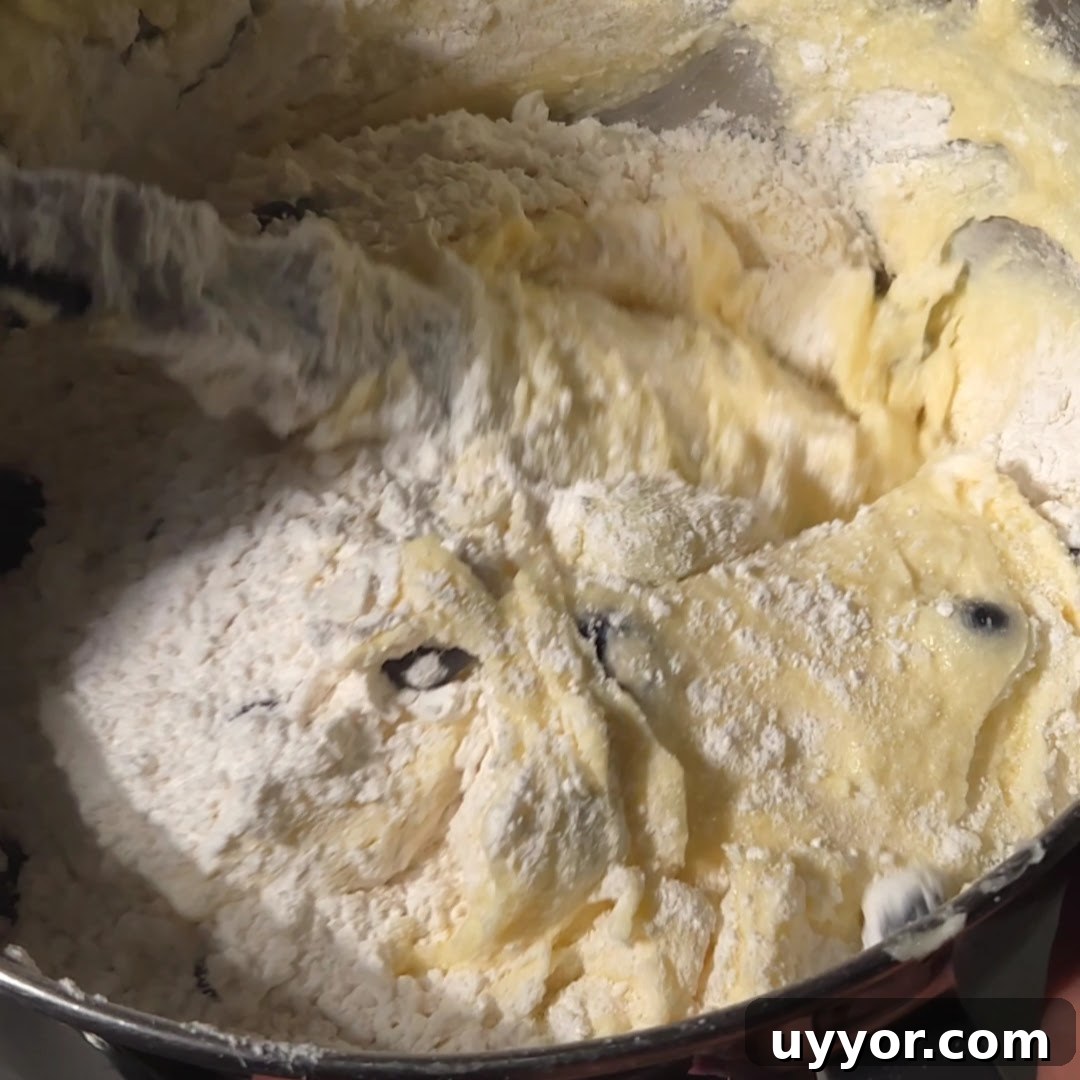 Blueberry Lemon Pound Cake Recipe with Zesty Glaze 13 Mixing dry ingredients into the batter for blueberry and lemon pound cake.