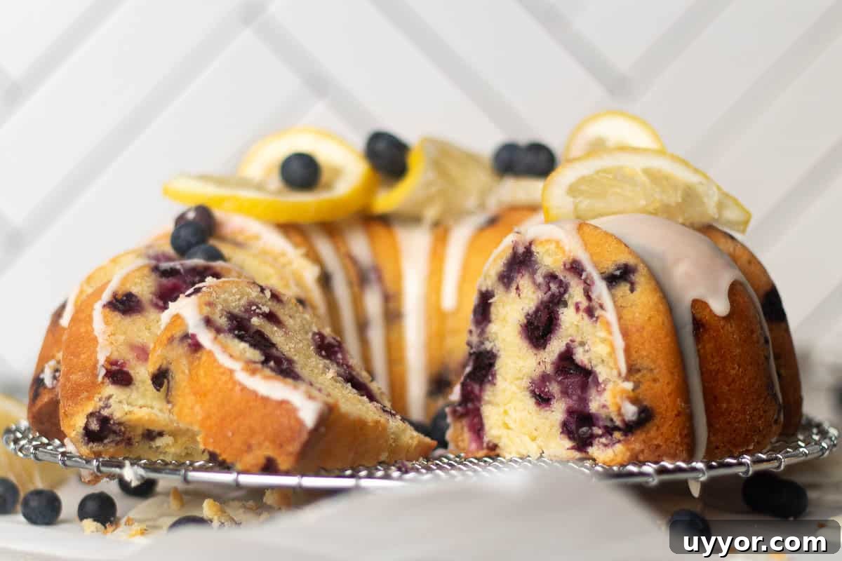 Blueberry Lemon Pound Cake Recipe with Zesty Glaze 4 A simple blueberry and lemon pound cake with slices cut and displayed on a wire rack. The cake features a lemon glaze and fresh blueberries.