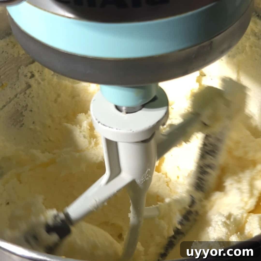 Blueberry Lemon Pound Cake Recipe with Zesty Glaze 9 Mixing the batter in a stand mixer for blueberry and lemon pound cake.
