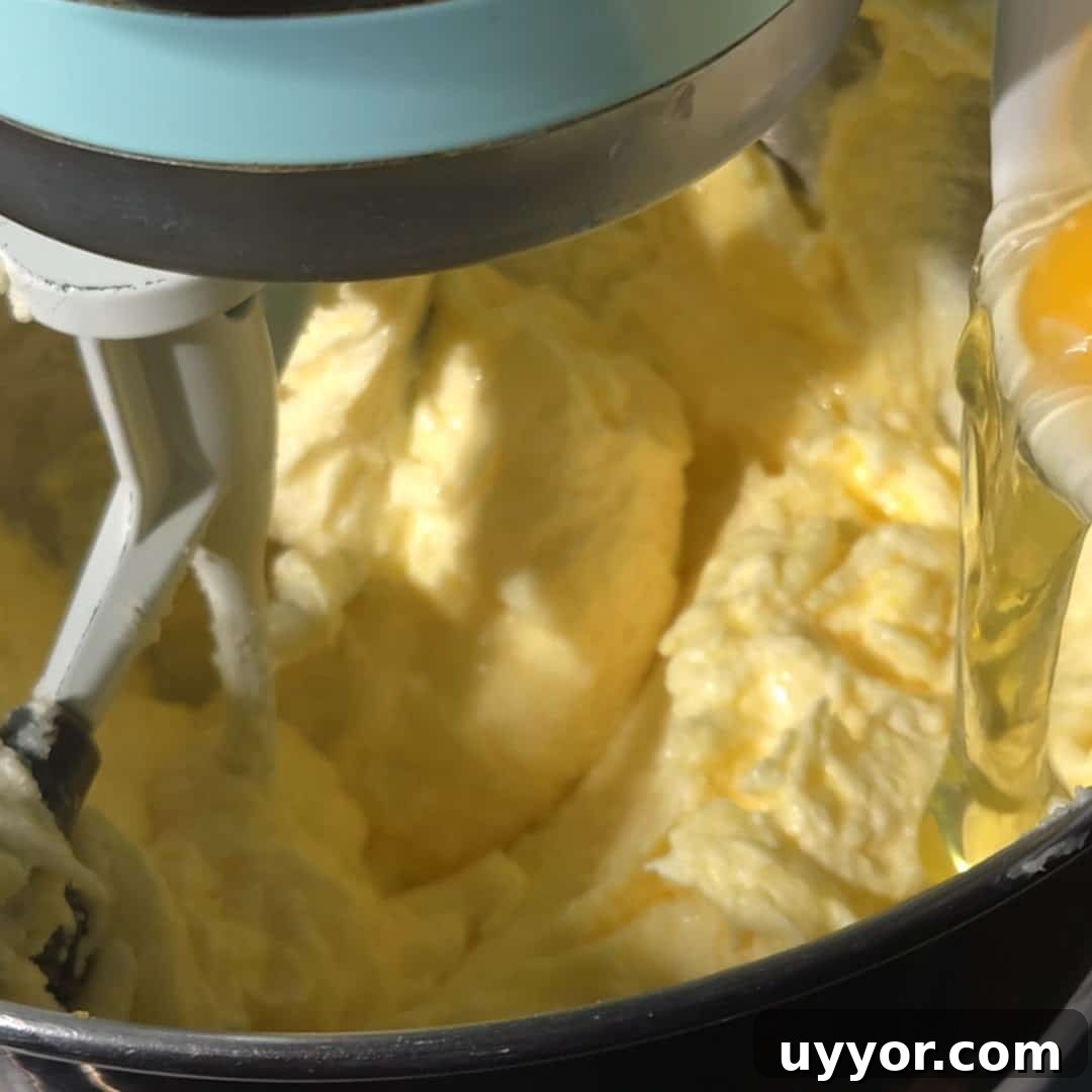 Blueberry Lemon Pound Cake Recipe with Zesty Glaze 10 Adding eggs to the batter in a stand mixer for blueberry and lemon pound cake.