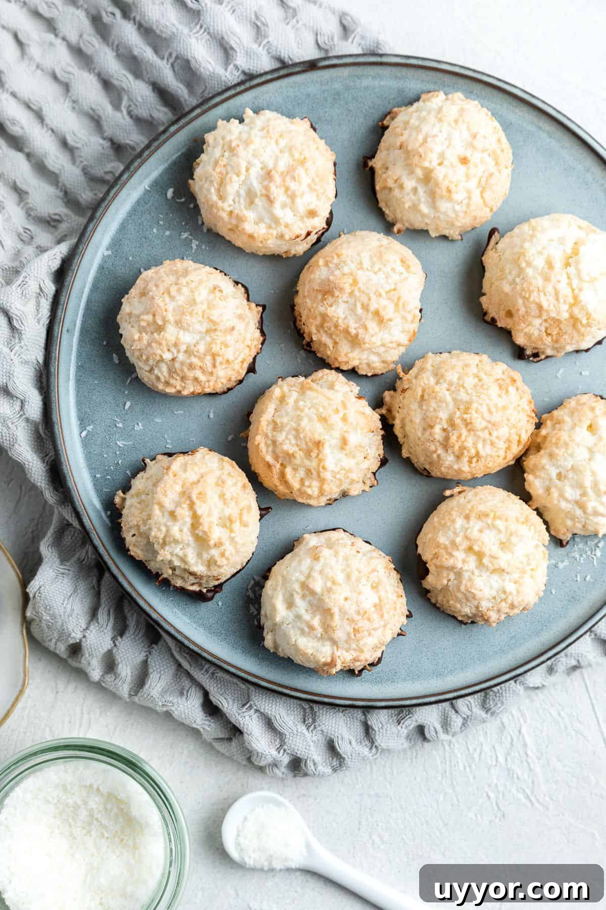 Overhead shot of round blue dish of macaroons.