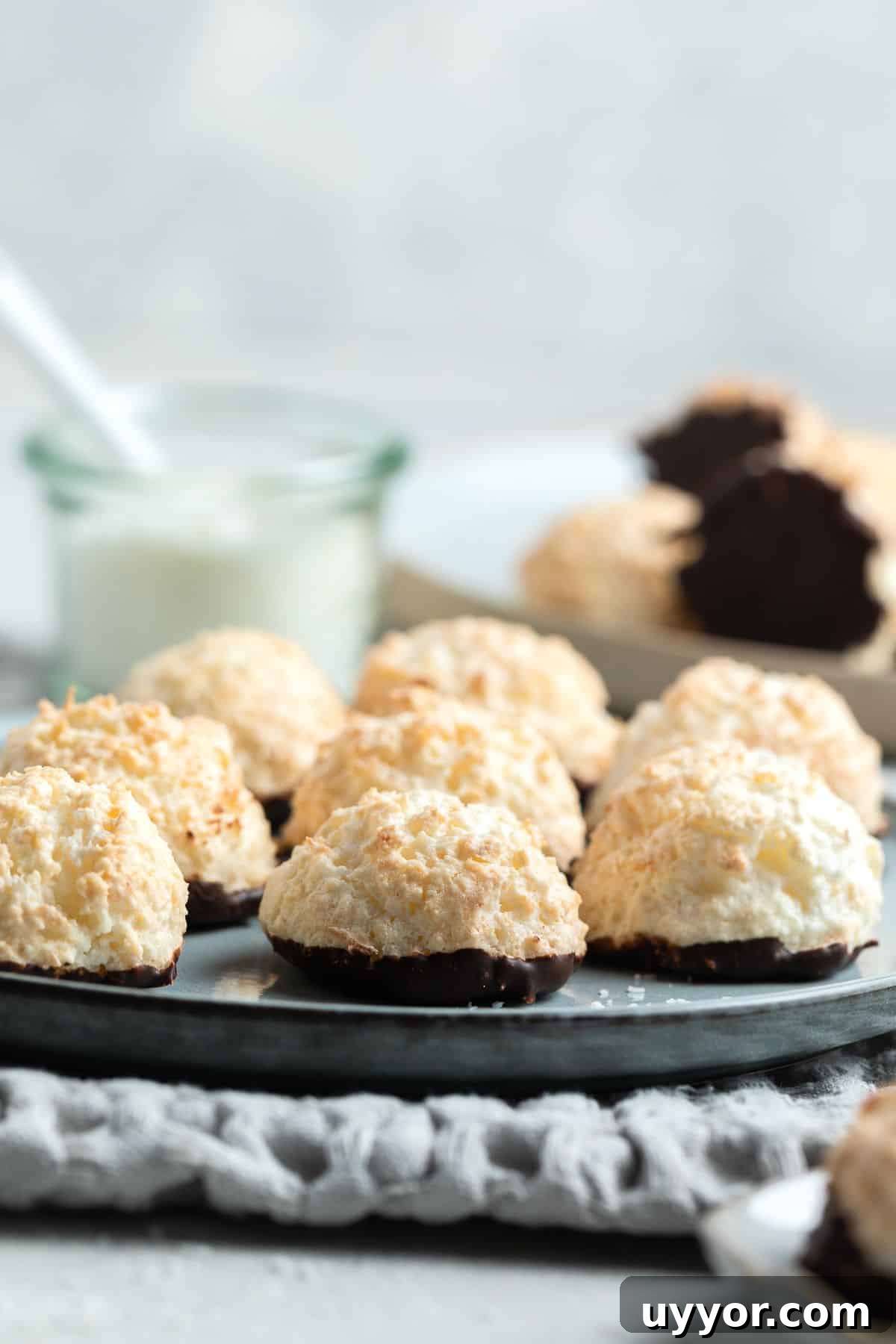 Round blue dish of macaroons.