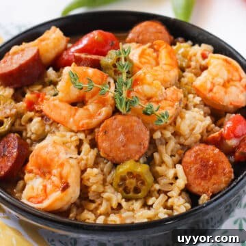 Bowl of final dish with closeup of sausage, shrimp and rice.