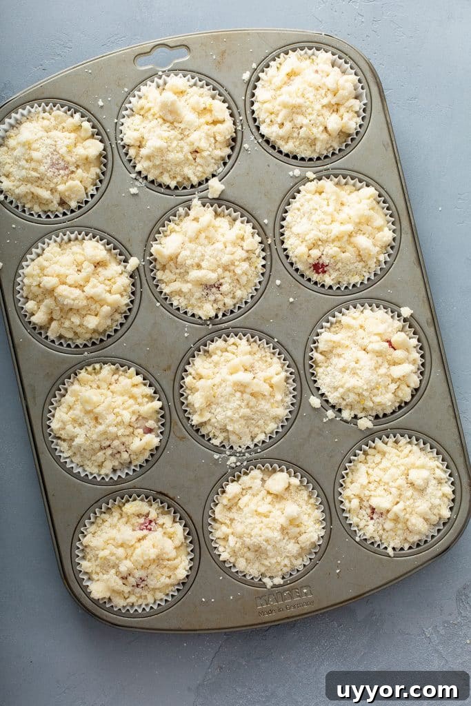 lemon streusel over the raspberry muffin batter on a muffin pan