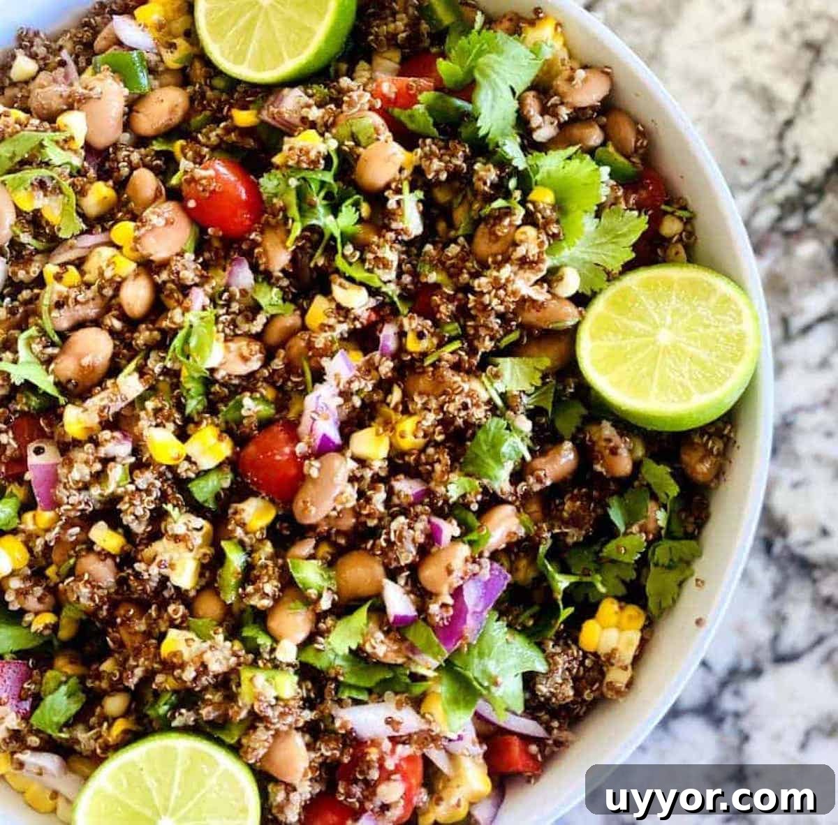 Mexican quinoa salad in a bowl on the table garnished with lime wedges.