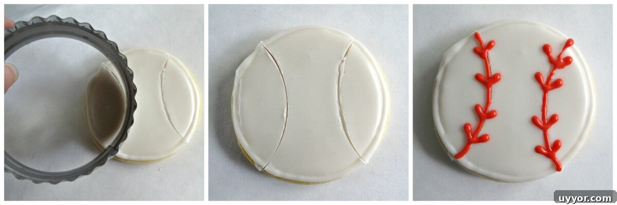 Melted Ice Cream Cookie Recipe: Soft, Gooey Summer Treat 3 Decorating instructions on white icing press in guide lines, fill with lines and v's for red stitching.