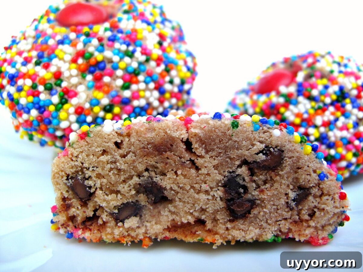 Melted Ice Cream Cookies—dense but tender. Thick interior of a cookie showing dense crumb and chocolate chips.