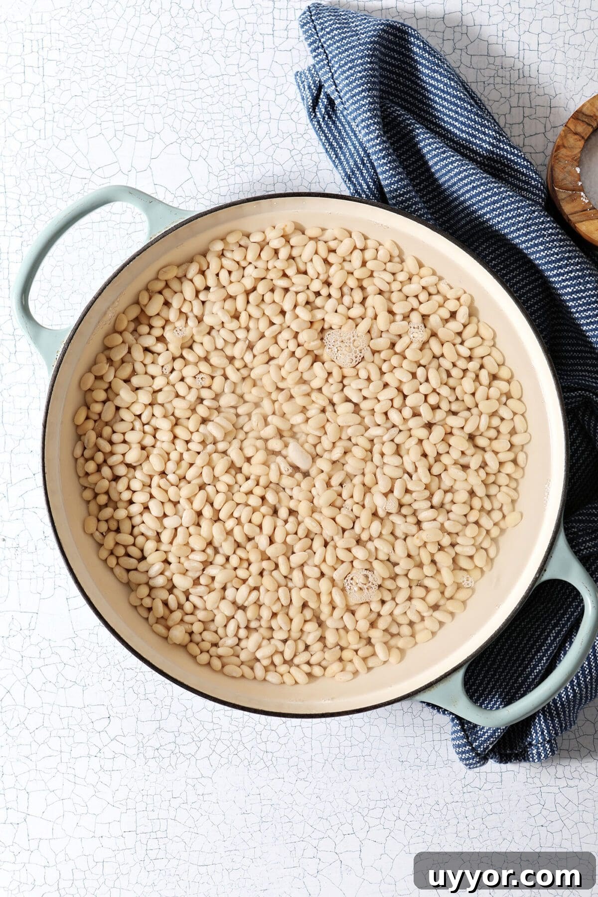 Beans in a braised pan with water before cooking