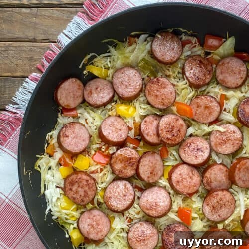 Savory Kielbasa and Cabbage Skillet Recipe for Weeknight Dinners 13 Close up of cabbage and Kielbasa skillet