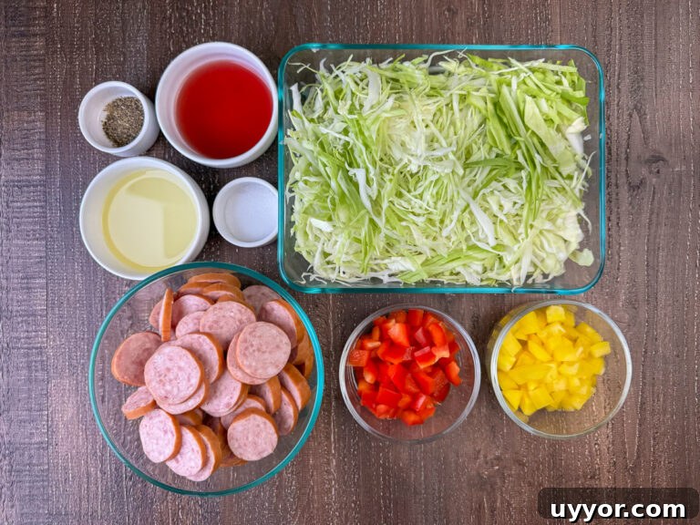 Savory Kielbasa and Cabbage Skillet Recipe for Weeknight Dinners 5 Ingredients to make Kielbasa and cabbage are coins of Kielbasa sausage, red bell pepper, yellow bell pepper, shredded green cabbage, red wine vinegar, salt, pepper and vegetable oil on a wooden counter top.