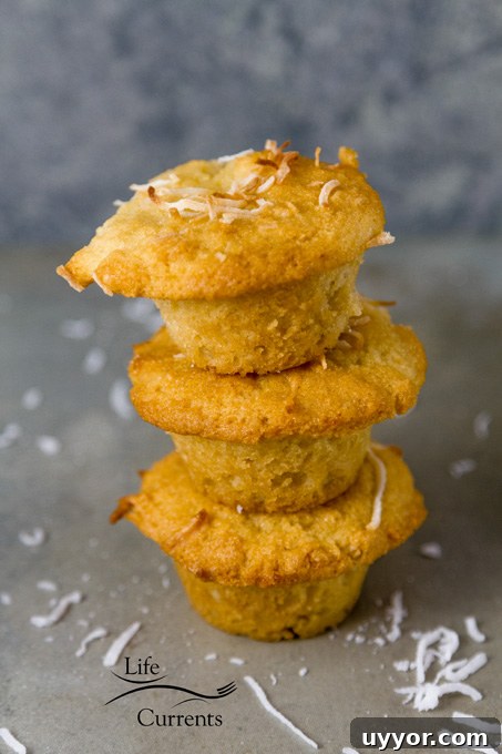 Gluten-Free Coconut Muffins stacked 3 high on a grey background