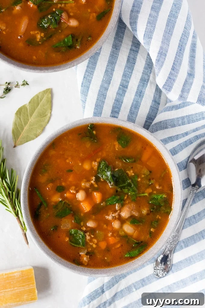 Instant Pot Ground Lamb Soup — Gluten-Free Recipe 9 Top down shot of instant pot ground lamb soup in gray bowls with herbs and a blue striped napkin and silver spoon around it.