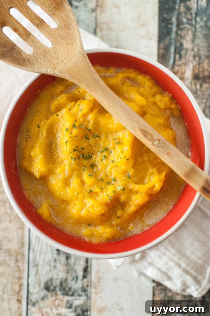 butternut squash in red bowl with wooden spoon on top of bowl