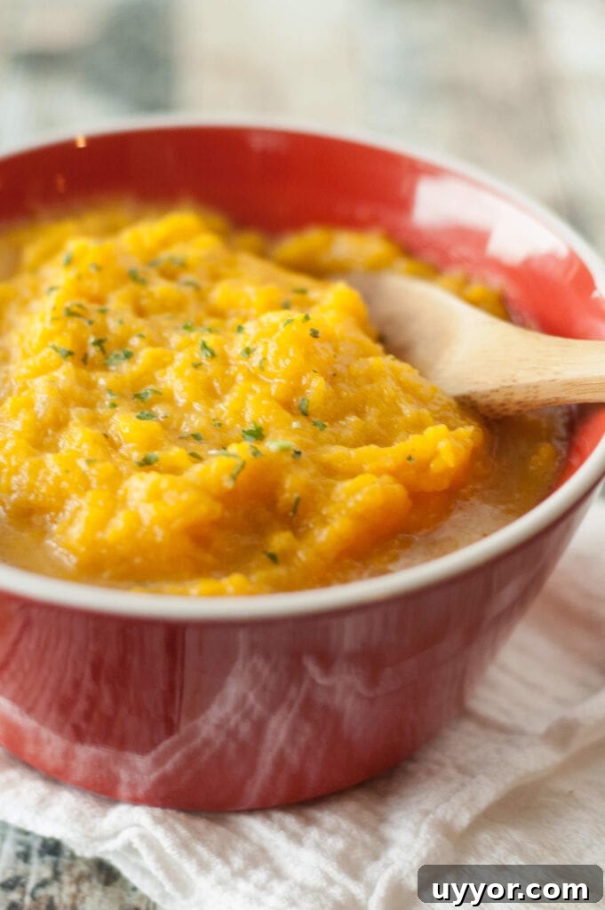 butternut squash in red bowl with wooden spoon