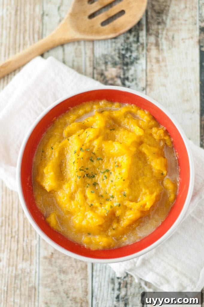 butternut squash in red bowl with wooden spoon on side