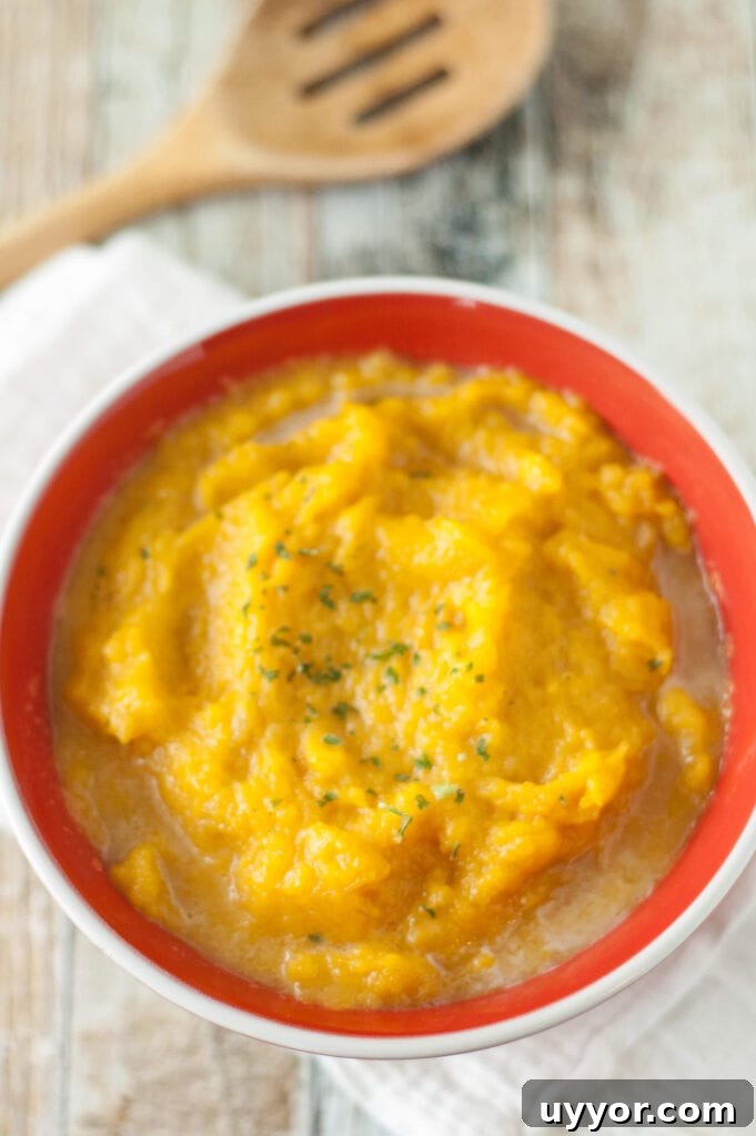 butternut squash in red bowl with wooden spoon on side