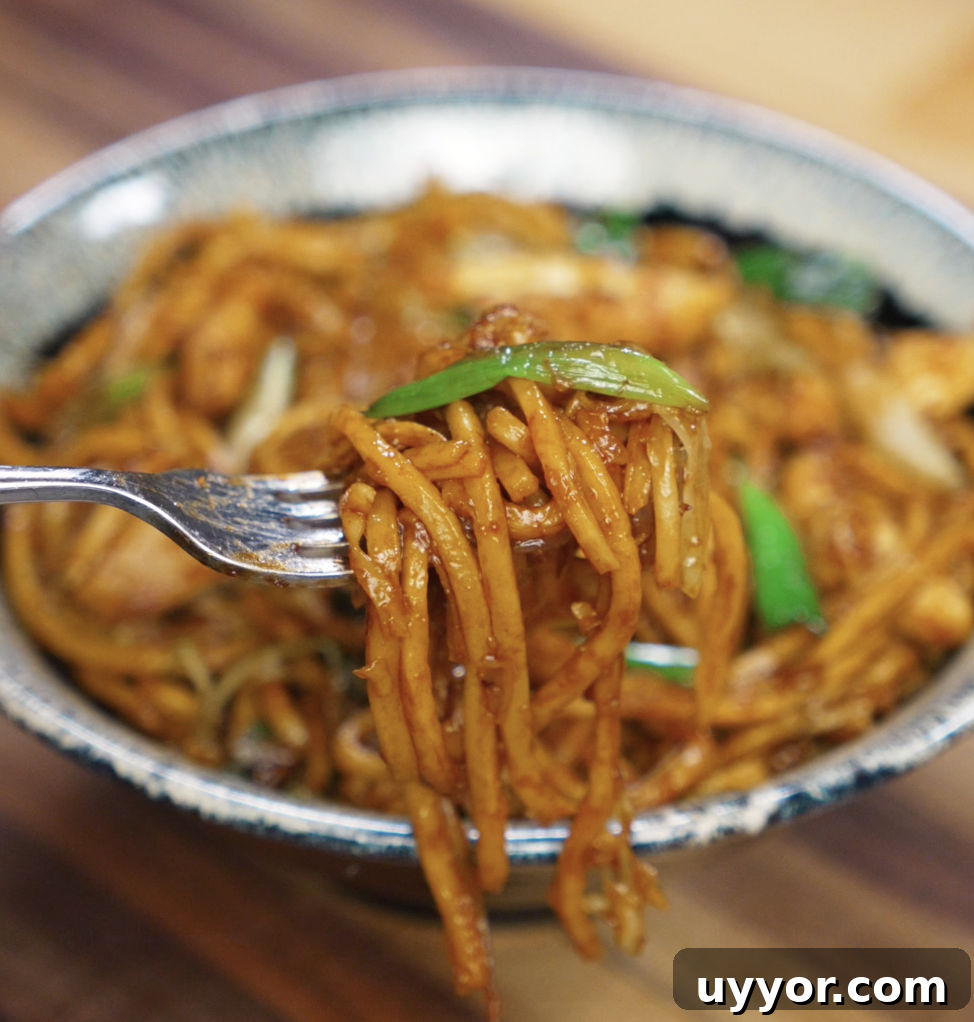 Crispy Pan-Fried Chicken Noodles with Soy-Garlic Sauce 3 A fork lifts a glossy bite of pan fried noodles with chicken and scallions from the bowl. The noodles are coated in a rich, savory sauce that clings to every strand.