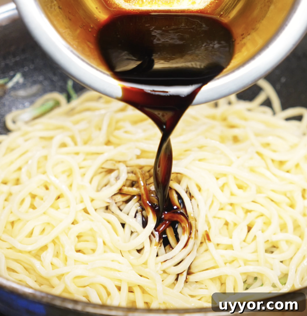 Crispy Pan-Fried Chicken Noodles with Soy-Garlic Sauce 9 A rich, dark soy-based sauce is being poured over just-cooked noodles in the wok. The sauce will coat the noodles and tie all the flavors together.