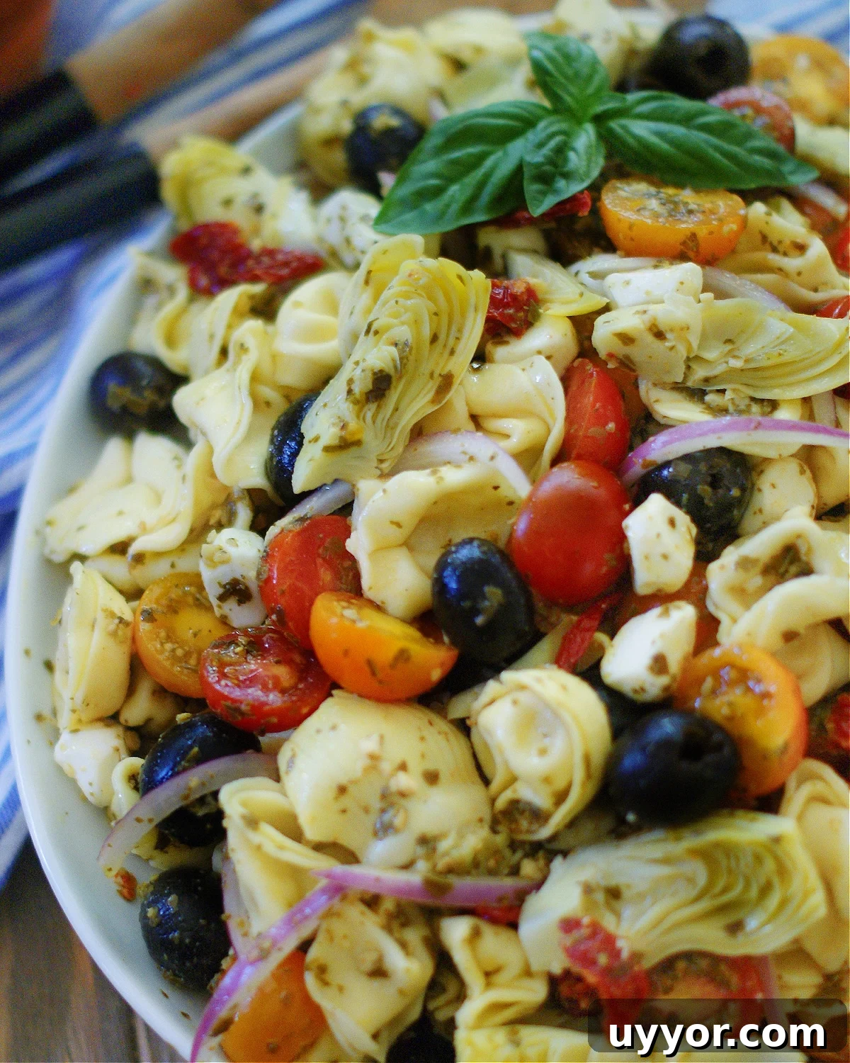 artichokes, sun dried tomatoes, mozzarella pears and tortellini pasta with a pesto dressing.