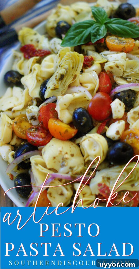 This easy, Italian-inspired pesto pasta salad with artichokes is the perfect quick side dish or even a light meal!  With sundried plus fresh tomatoes, smooth mozzarella pearls, tender cheese tortellini, artichoke hearts and, of course, loads of crisp, bright pesto, this 10 minute pasta salad is an easy way to feed your family or a crowd.