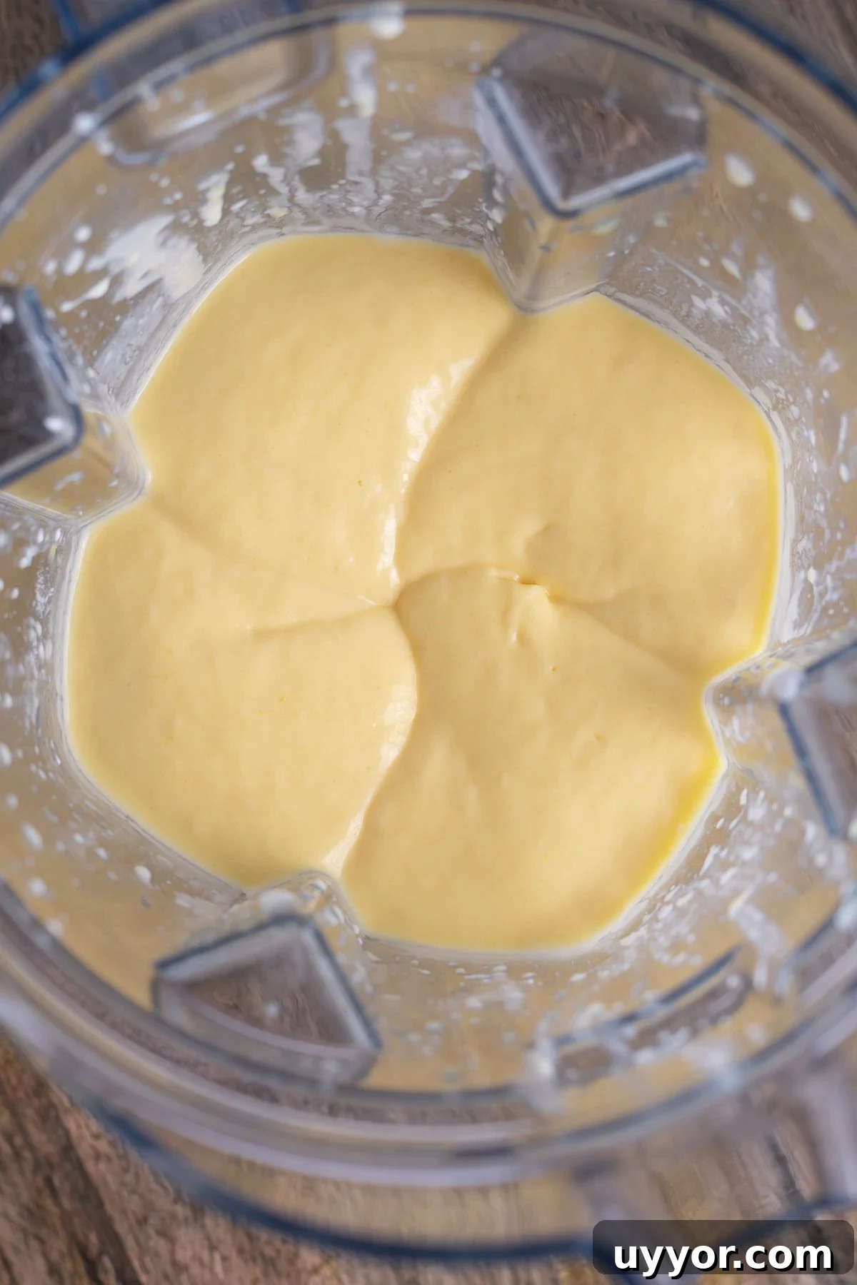Overhead view of the blended smoothie in the blender pitcher