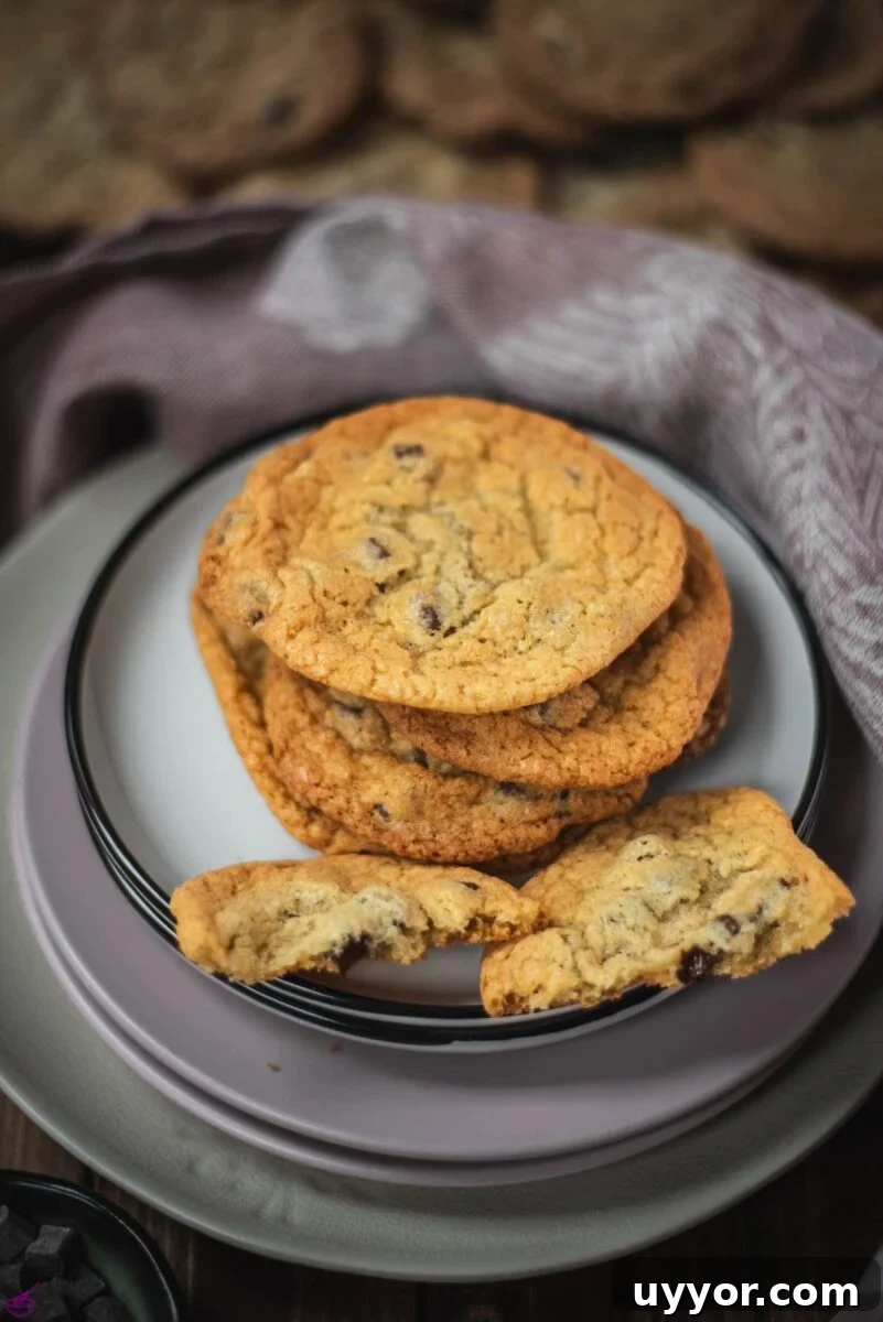 Rum-Infused Chocolate Chip Cookies: Chewy & Boozy Recipe 11 Delicious rum chocolate chip cookies placed on different colored and sized plates.