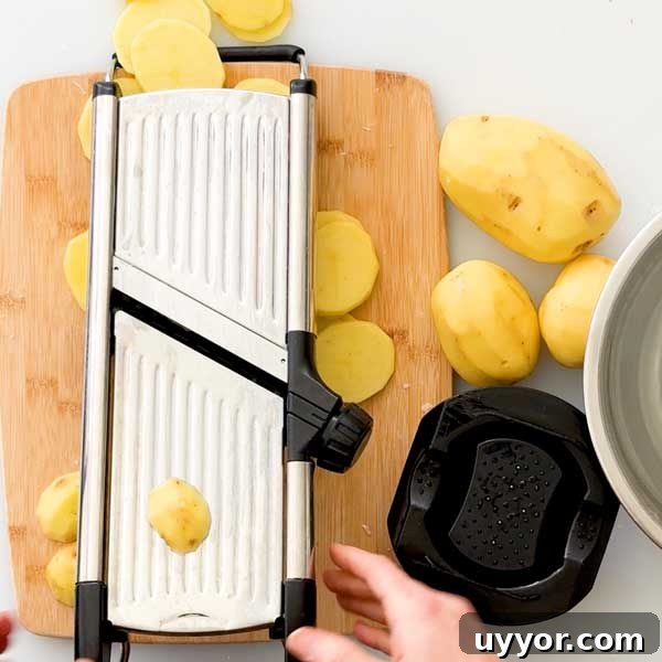 Yukon gold potatoes sliced with a mandolin slicer on a cutting board.