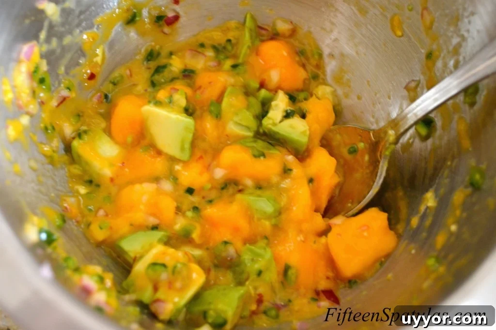 SearedSnapperMangoAvocado2 Mango Avocado Salsa - in a Mixing Bowl with Red Onion and Serrano Chile
