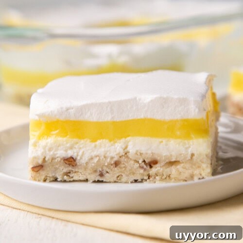 four layer lemon dessert on a white plate.