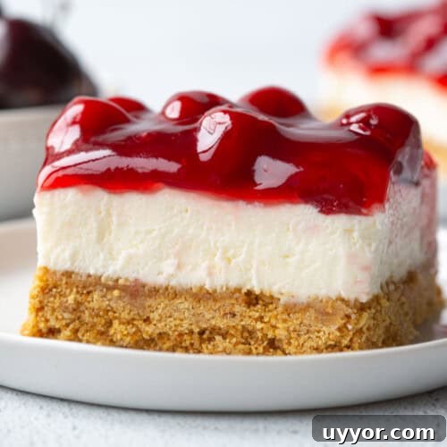 slice of cherry delight with cherry pie filling on top.