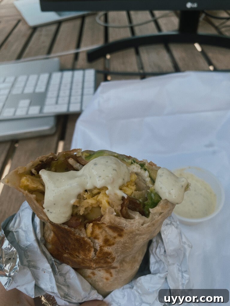 Skiers' Breakfast Burrito — Beaumont Bakery Favorites 4 Breakfast burrito with sauce