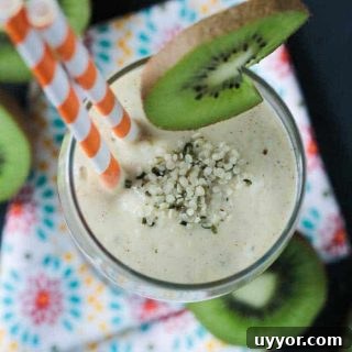 overhead view of a smoothie with two orange and white striped straws and a slice of kiwi on the side of the glass