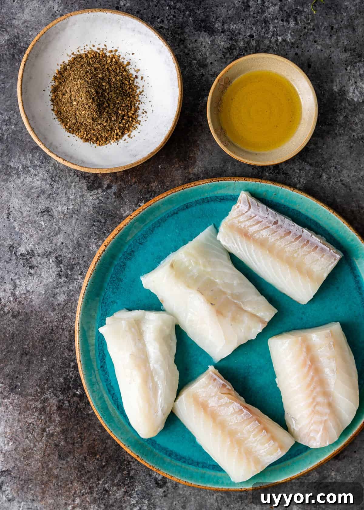 overhead: ingredients needed for my cod recipe with zaatar seasoning