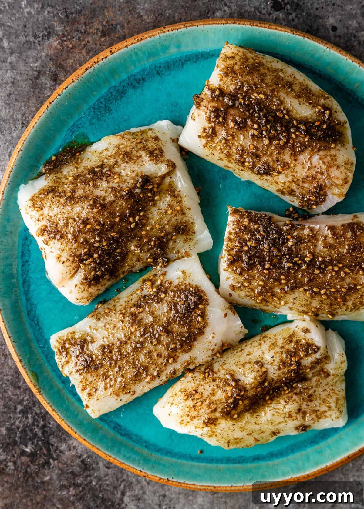 overhead: seasoned cod on a blue plate before pan frying