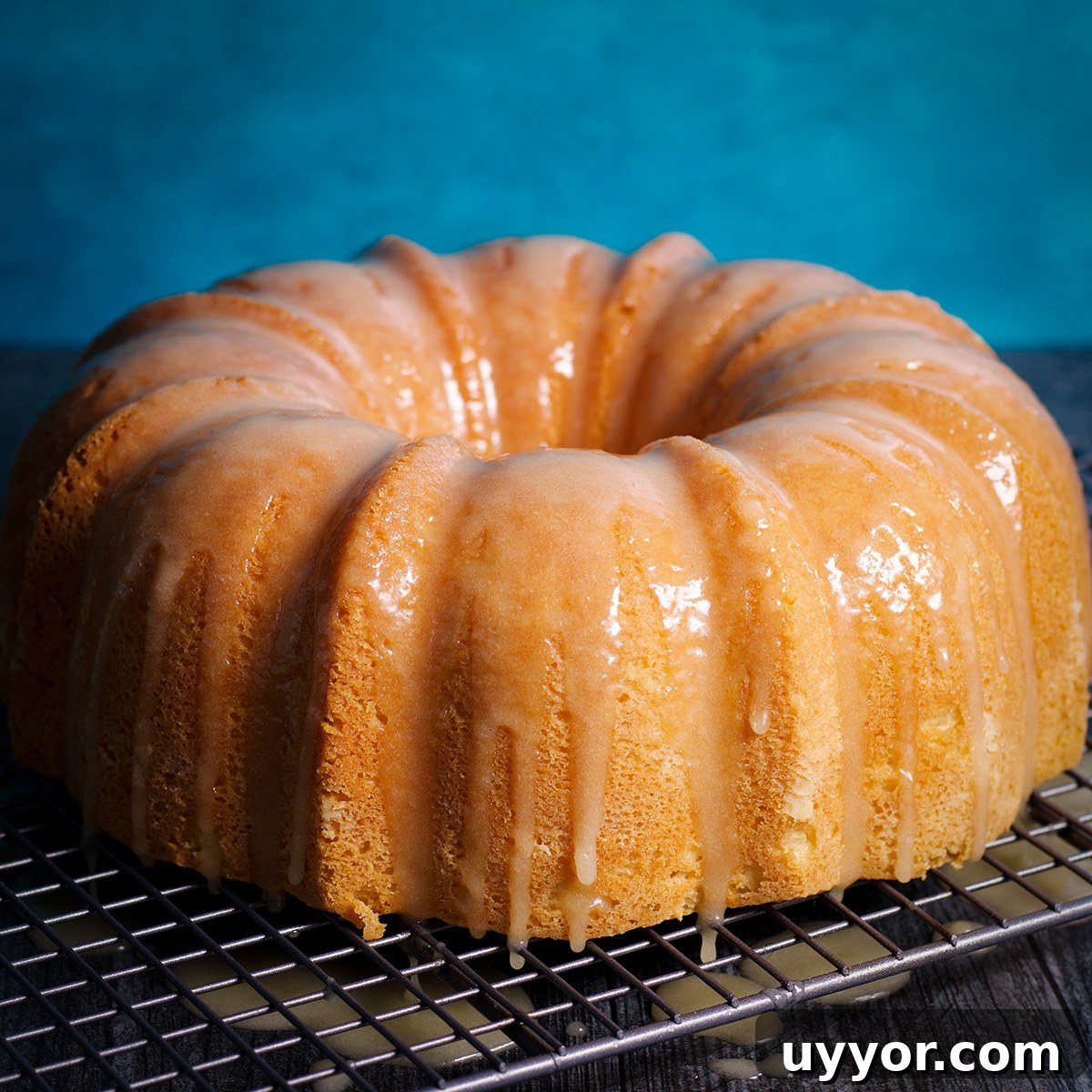 Lemon Bundt Cake with Zesty Tart Lemon Glaze 14 A lemon bundt cake that's been coated with some lemon icing while it's still warm.