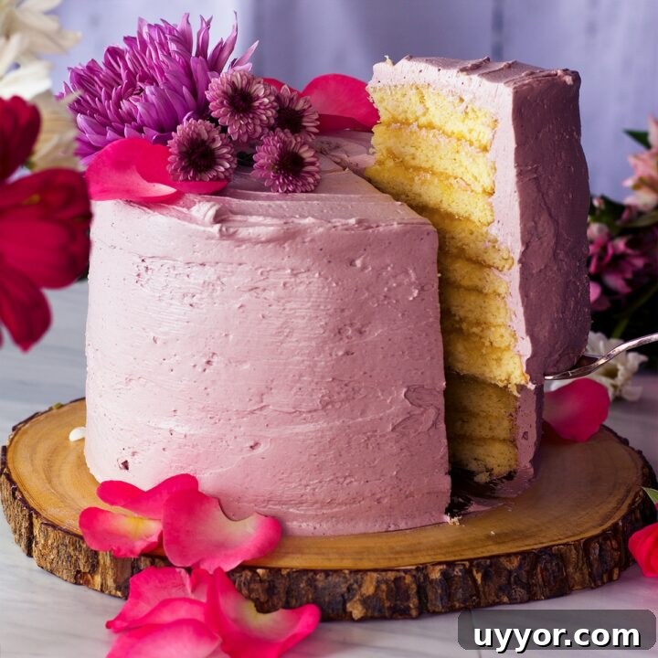 Serving a slice of Lemon Layer Cake with Blackberry Italian Meringue Buttercream