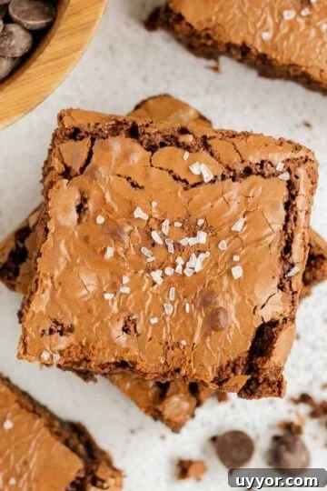Oat flour brownies sprinkled with sea salt, with crumbs, and a bowl of chocolate chips on the side.