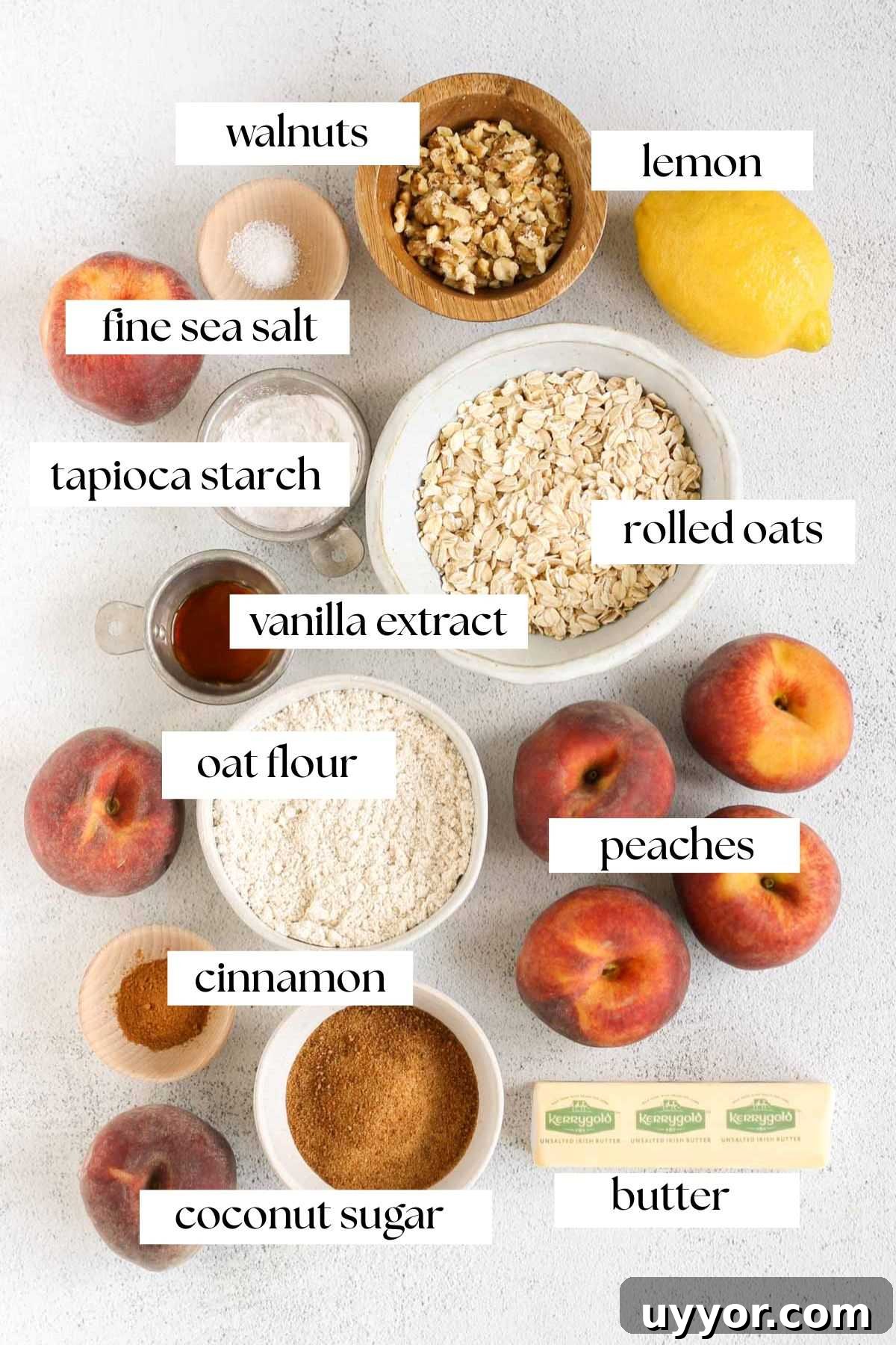 Whole-Grain Peach Crisp with Low Sugar Recipe 3 Labeled ingredients for a healthy peach crisp.