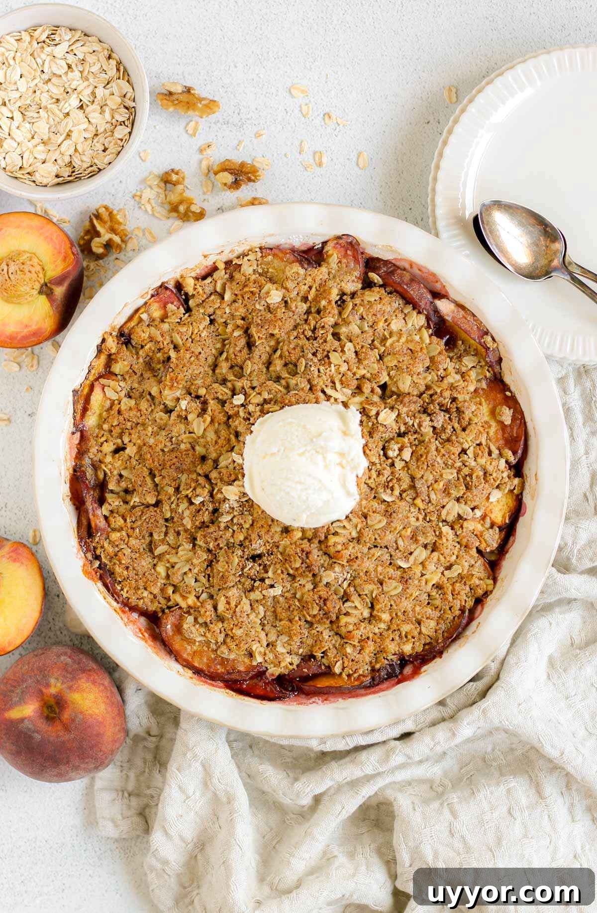 Whole-Grain Peach Crisp with Low Sugar Recipe 10 Baked peach crisp topped with a scoop of ice cream in a ceramic pie dish with sliced peaches, plates, and a bowl of oats scattered on the sides.