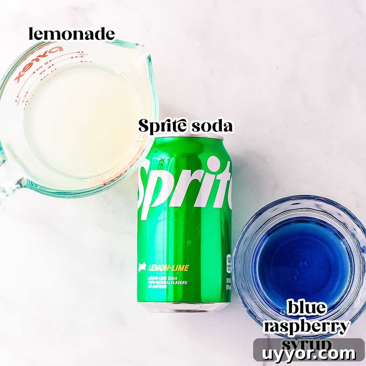 Copycat Swig Shark Attack Drink Recipe — How to Make It at Home 4 The shark attack drink recipe ingredients with text overlay labeling each.