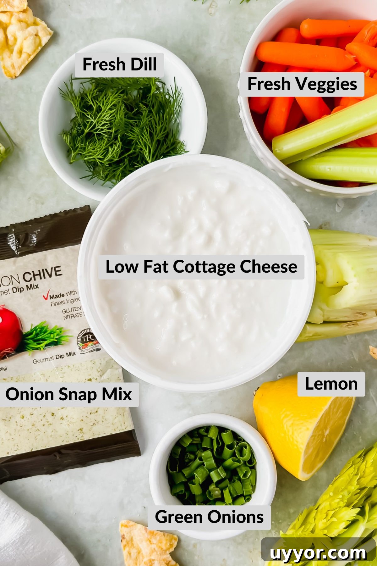 Creamy Cottage Cheese Dip for Chips: High-Protein Snack Recipe 3 ingredients for cottage cheese chip dip in individual white bowls spread on gray background.