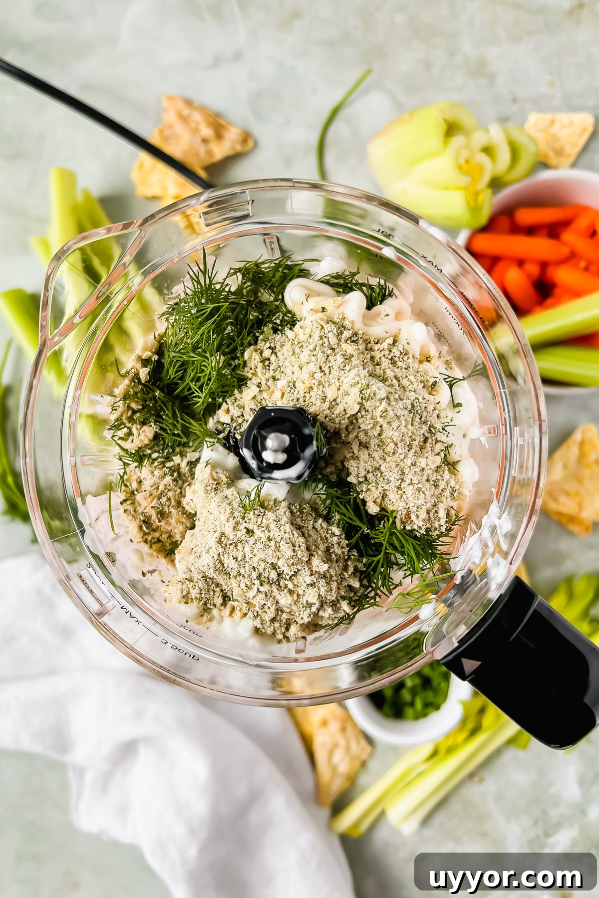 Creamy Cottage Cheese Dip for Chips: High-Protein Snack Recipe 4 cottage cheese chip dip ingredients in food processor before blending.