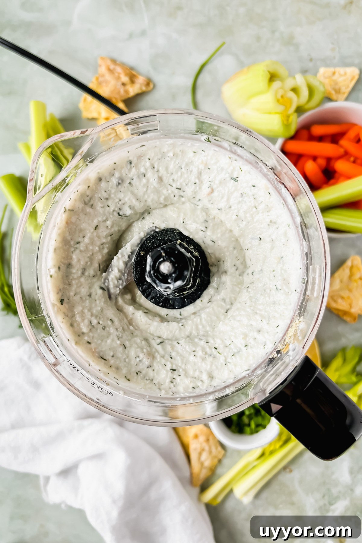 Creamy Cottage Cheese Dip for Chips: High-Protein Snack Recipe 5 cottage cheese chip dip ingredients in food processor after blending.