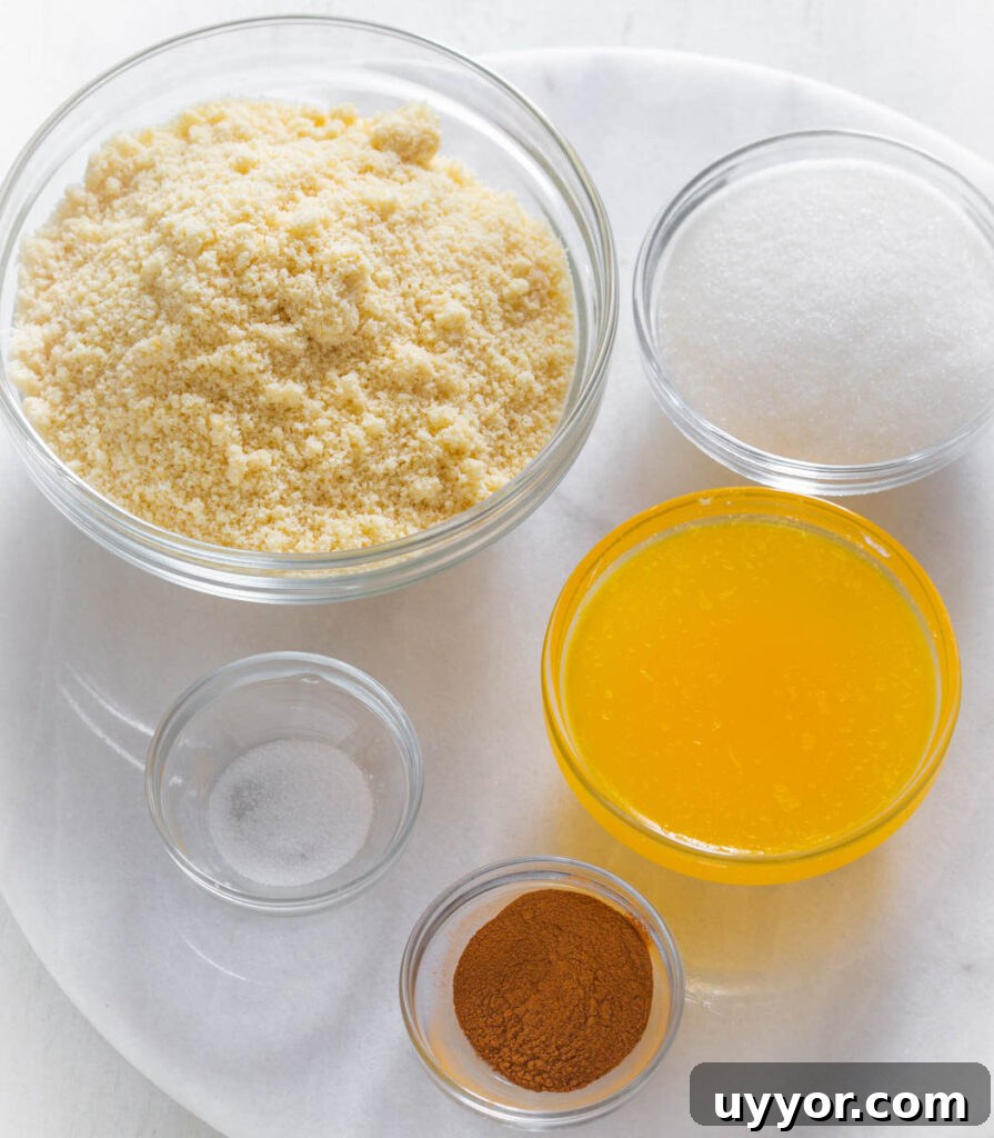almond flour, sweetener, butter, cinnamon, and salt in separate bowls