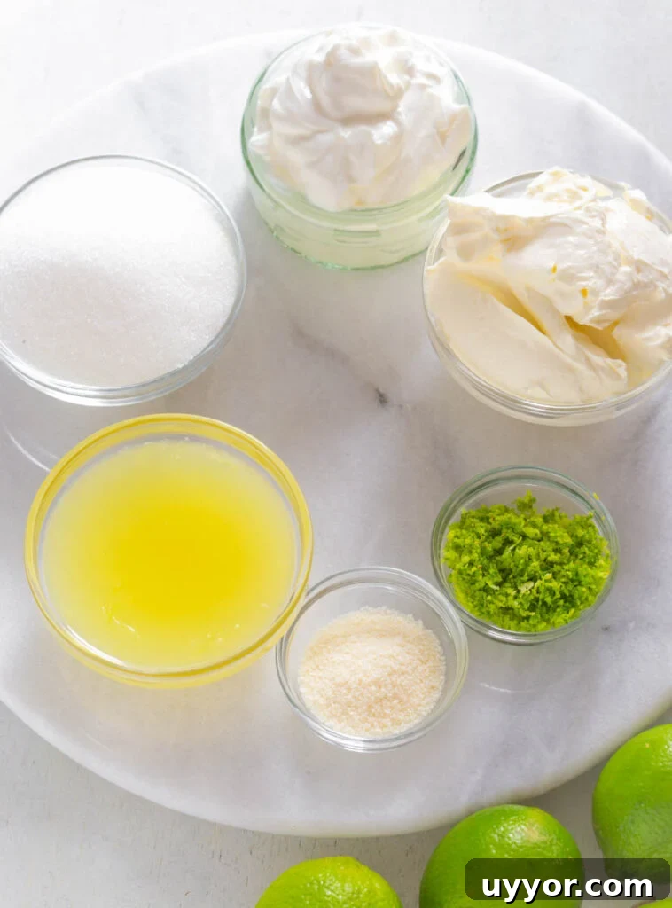 sweetener, key lime juice, Greek yogurt, cream cheese, and lime zest in separate bowls