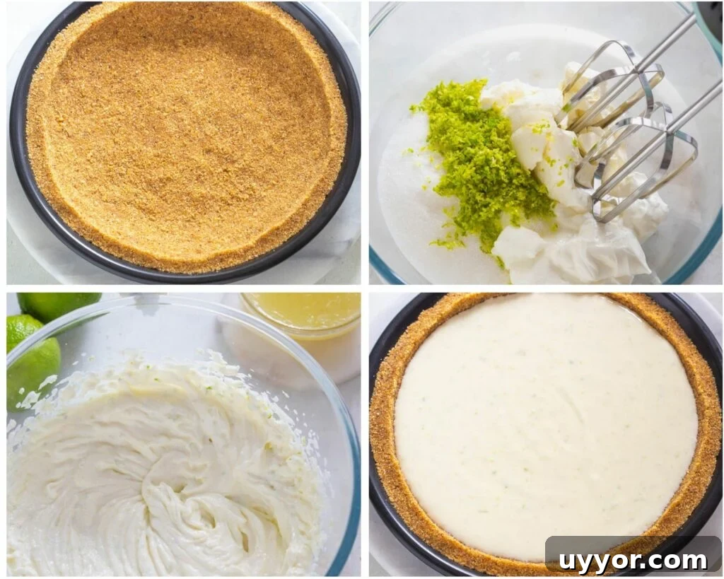 collage photo of 4 photos with keto pie crust and key lime pie filling