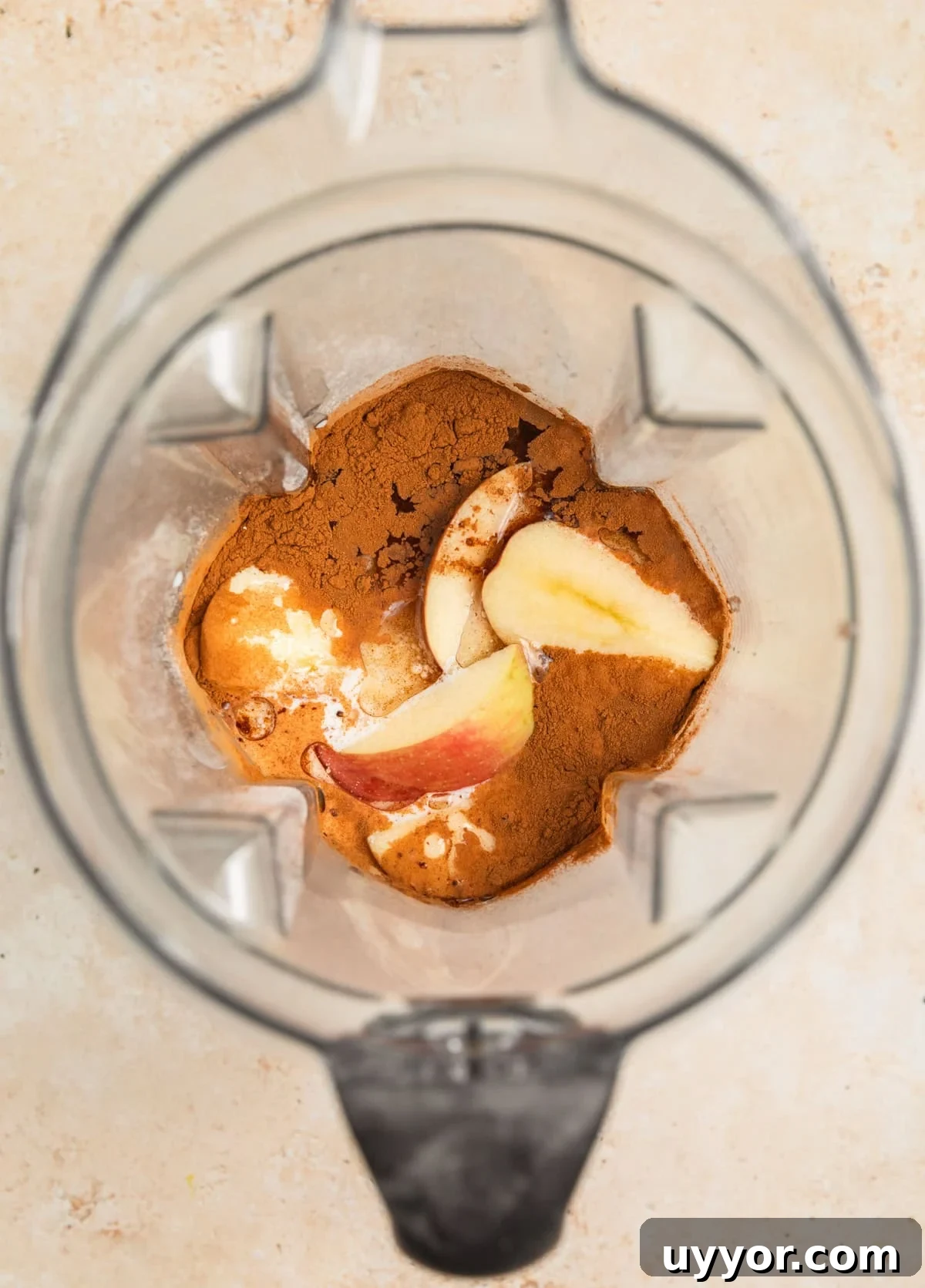 Apples, eggs, milk, cinnamon and other ingredients in blender.