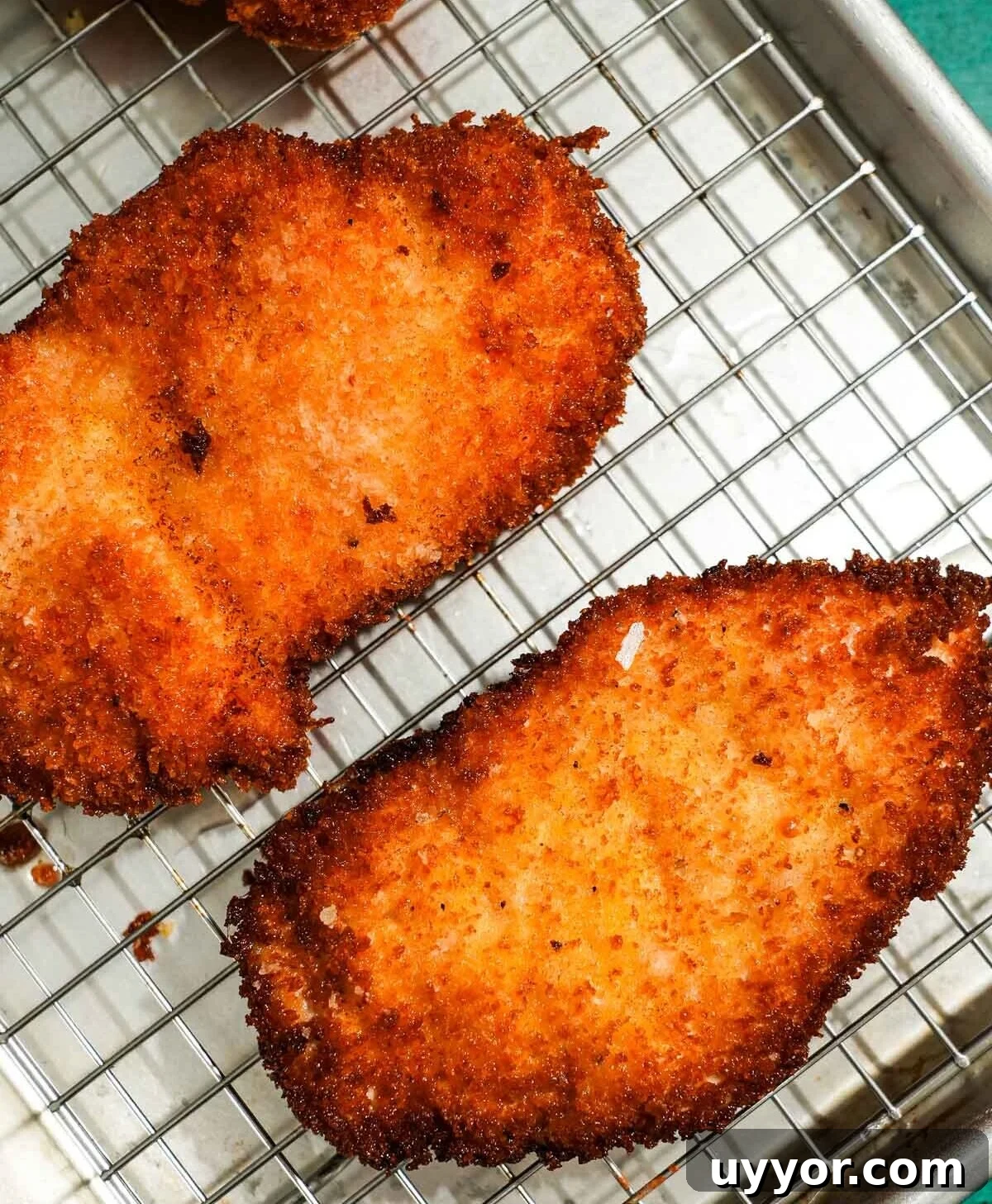 Crispy Panko Buffalo Chicken Cutlets With Tangy Sauce 5 Golden fried chicken cutlets cooling on wire rack after frying.