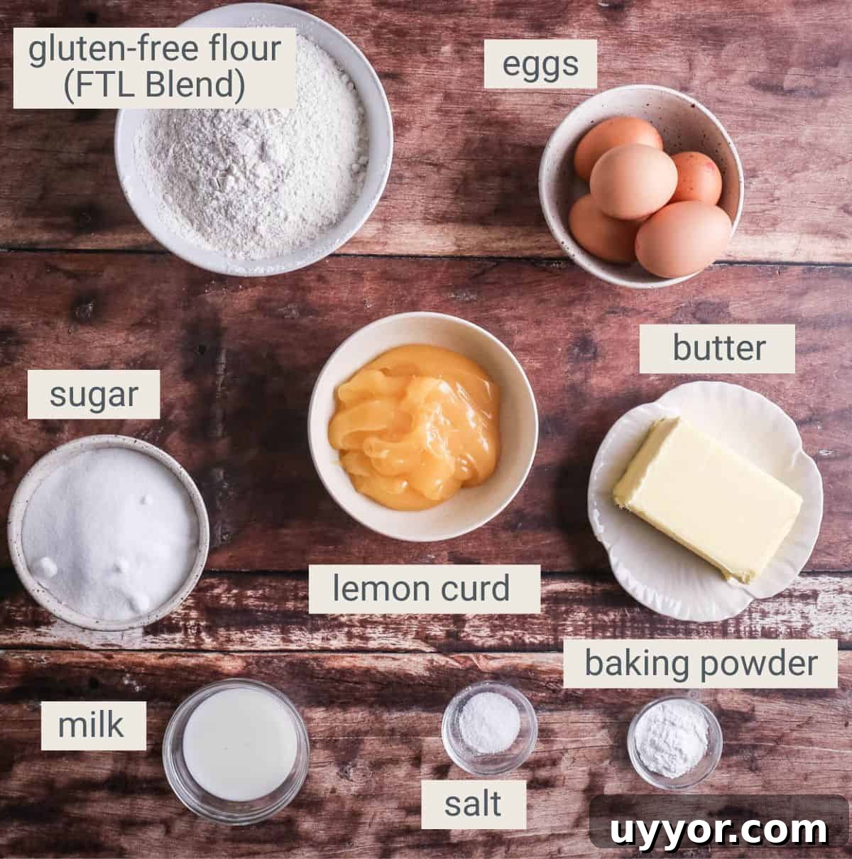Gluten-Free Lemon Curd Sponge Pudding Recipe for Zesty Dessert 4 Gluten-Free Lemon Curd Sponge Pudding ingredients on a table.