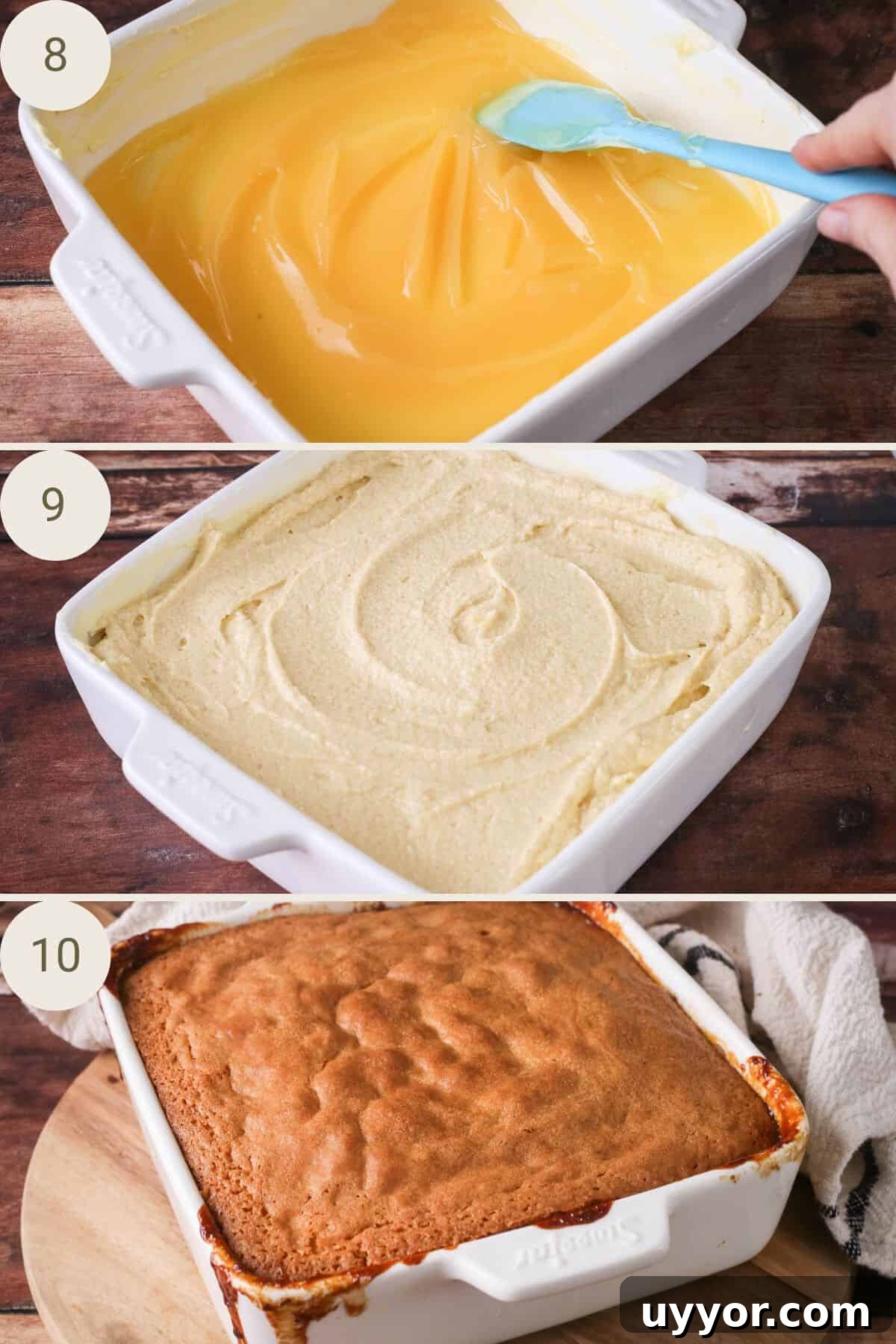 Gluten-Free Lemon Curd Sponge Pudding Recipe for Zesty Dessert 9 Lemon curd spread at bottom of baking dish. Sponge batter poured over the top. Baked and golden fresh from the oven.